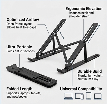 Black ergonomic laptop stand showing adjustable height and stable open-frame base