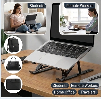 Black folding ergonomic laptop stand with angled base for cooling airflow