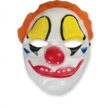 Front view clown mask with orange hair, yellow eyes, red nose, and red painted grin