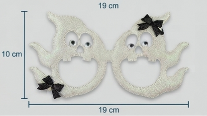 Sparkly ghost novelty eyeglasses with black bow accents and round eye cutouts