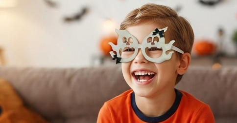 Kids ghost novelty glasses with white frames, googly eyes, and black bow details