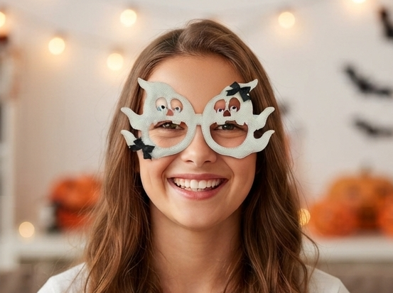 Ghost novelty eyeglasses on a smiling person with white frames and black bows