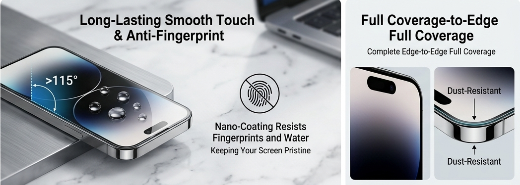Full-coverage tempered glass screen protector with anti-fingerprint smooth touch