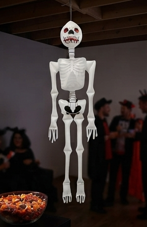 Suspended inflatable white skeleton decoration with red-eyed skull and black belly design