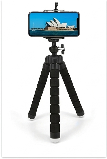 Black foldable tripod stand holding a smartphone at the center mount