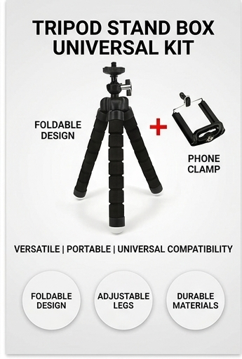 Foldable black tripod stand with phone clamp, portable desktop and floor mounting kit