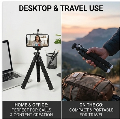 Foldable tripod stand with smartphone for desktop use and handheld travel shooting